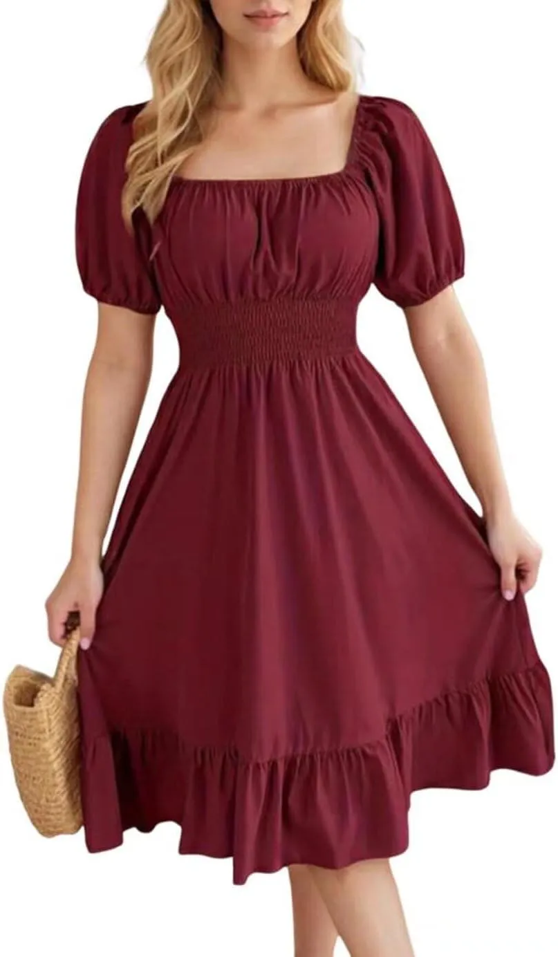 VKEGNIO Square Neck Ruffle Hem Dress for Women Cute Short Puff Sleeve Dresses Casual Ruffle Shirred Flowy Party Mini Dress