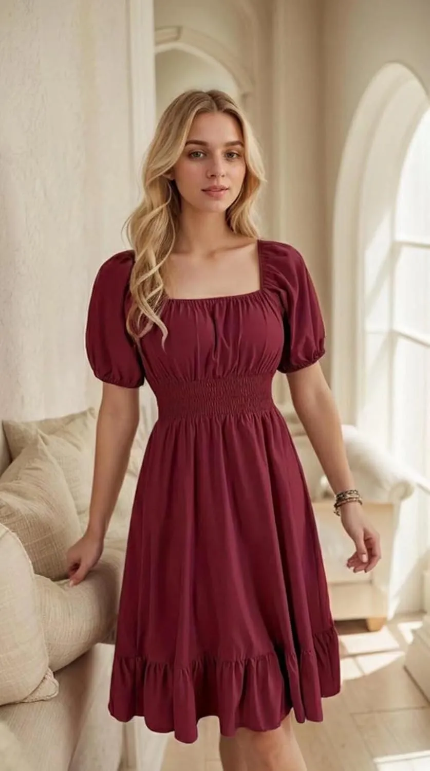 VKEGNIO Square Neck Ruffle Hem Dress for Women Cute Short Puff Sleeve Dresses Casual Ruffle Shirred Flowy Party Mini Dress