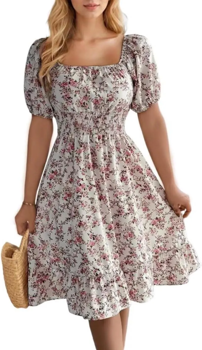 VKEGNIO Square Neck Ruffle Hem Dress for Women Cute Short Puff Sleeve Dresses Casual Ruffle Shirred Flowy Party Mini Dress