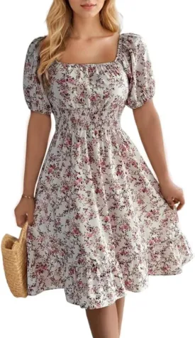 VKEGNIO Square Neck Ruffle Hem Dress for Women Cute Short Puff Sleeve Dresses Casual Ruffle Shirred Flowy Party Mini Dress