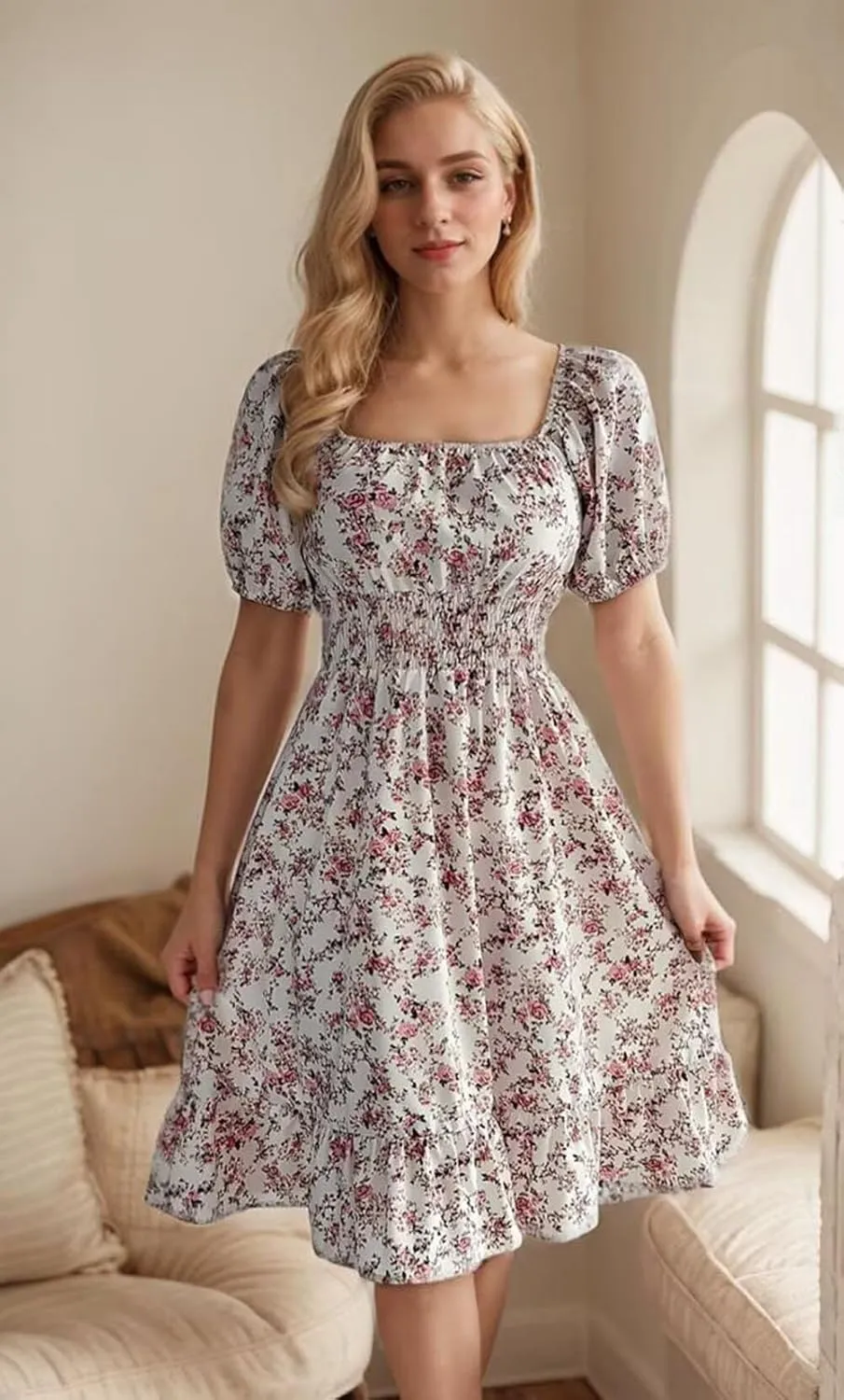 VKEGNIO Square Neck Ruffle Hem Dress for Women Cute Short Puff Sleeve Dresses Casual Ruffle Shirred Flowy Party Mini Dress