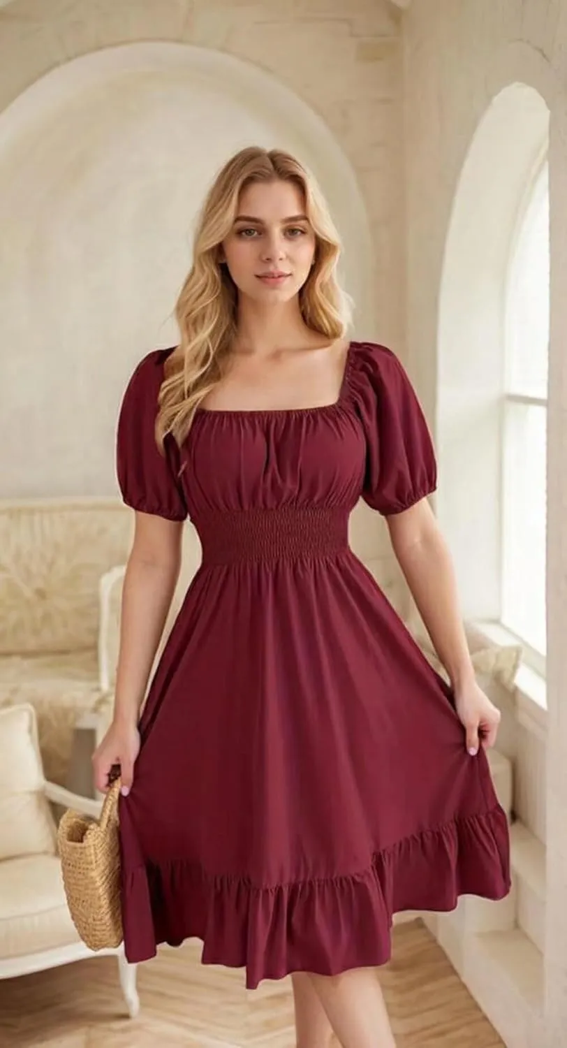 VKEGNIO Square Neck Ruffle Hem Dress for Women Cute Short Puff Sleeve Dresses Casual Ruffle Shirred Flowy Party Mini Dress
