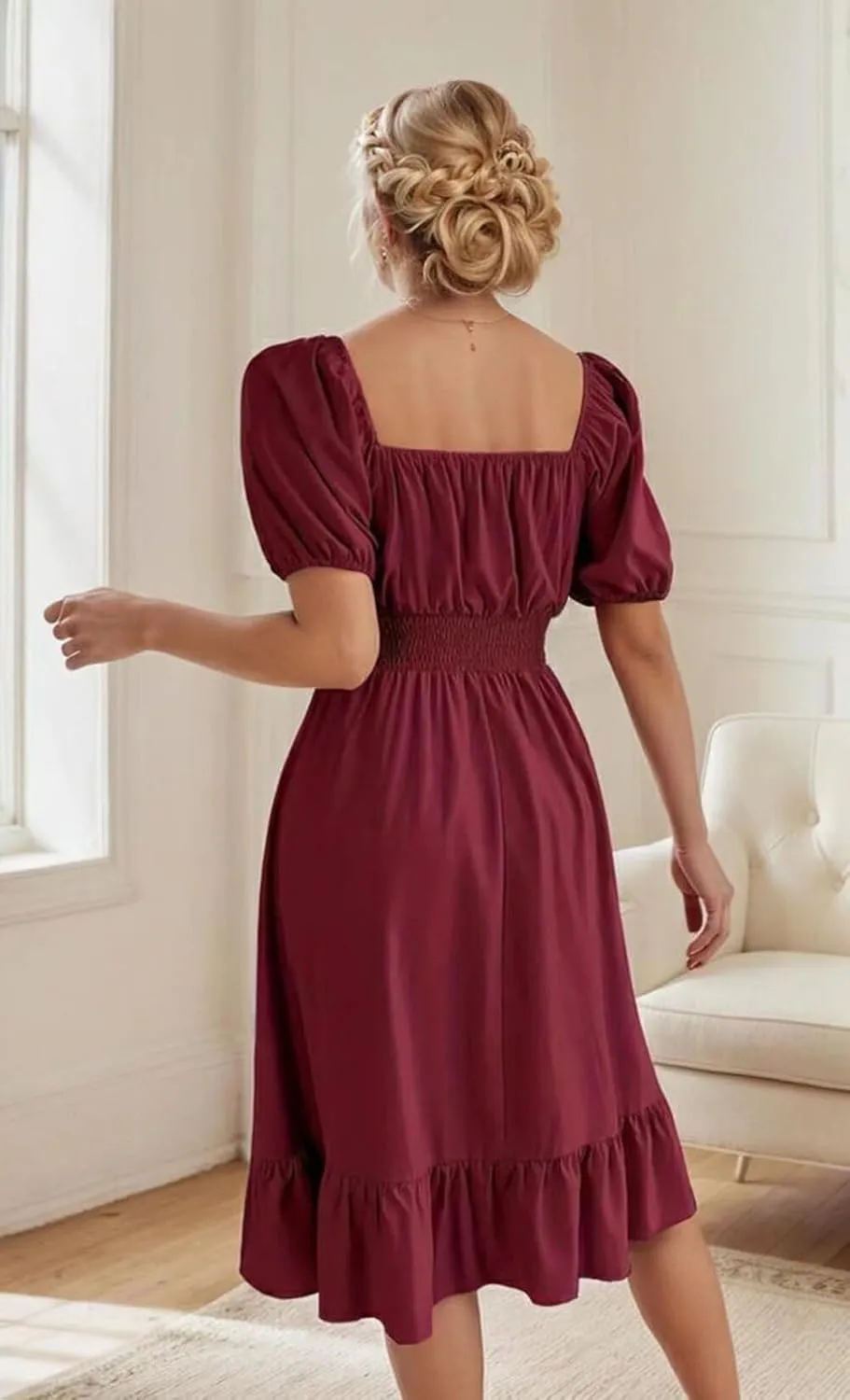 VKEGNIO Square Neck Ruffle Hem Dress for Women Cute Short Puff Sleeve Dresses Casual Ruffle Shirred Flowy Party Mini Dress