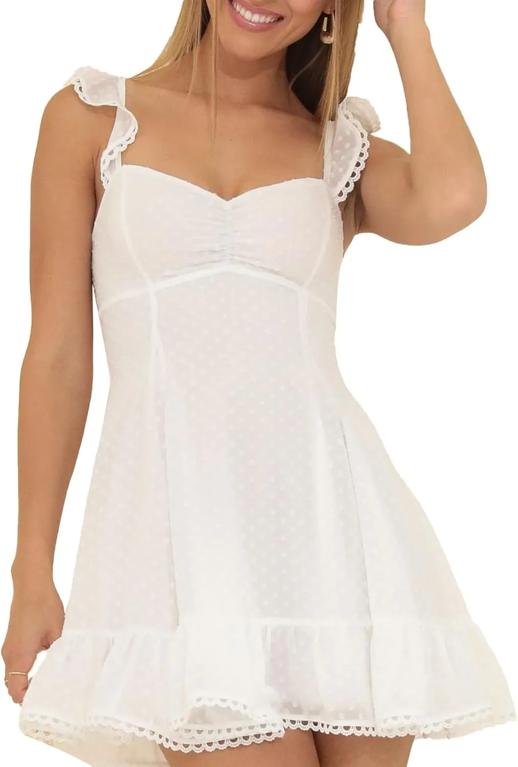 Women Off Shoulder Smocked Mini Dress Sweethear Neck Elastic Straps Ruffle Hem Sundress Ruched Backless Flowy Dress