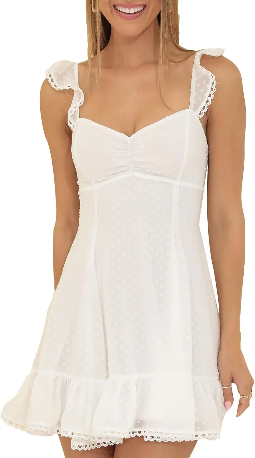 Women Off Shoulder Smocked Mini Dress Sweethear Neck Elastic Straps Ruffle Hem Sundress Ruched Backless Flowy Dress