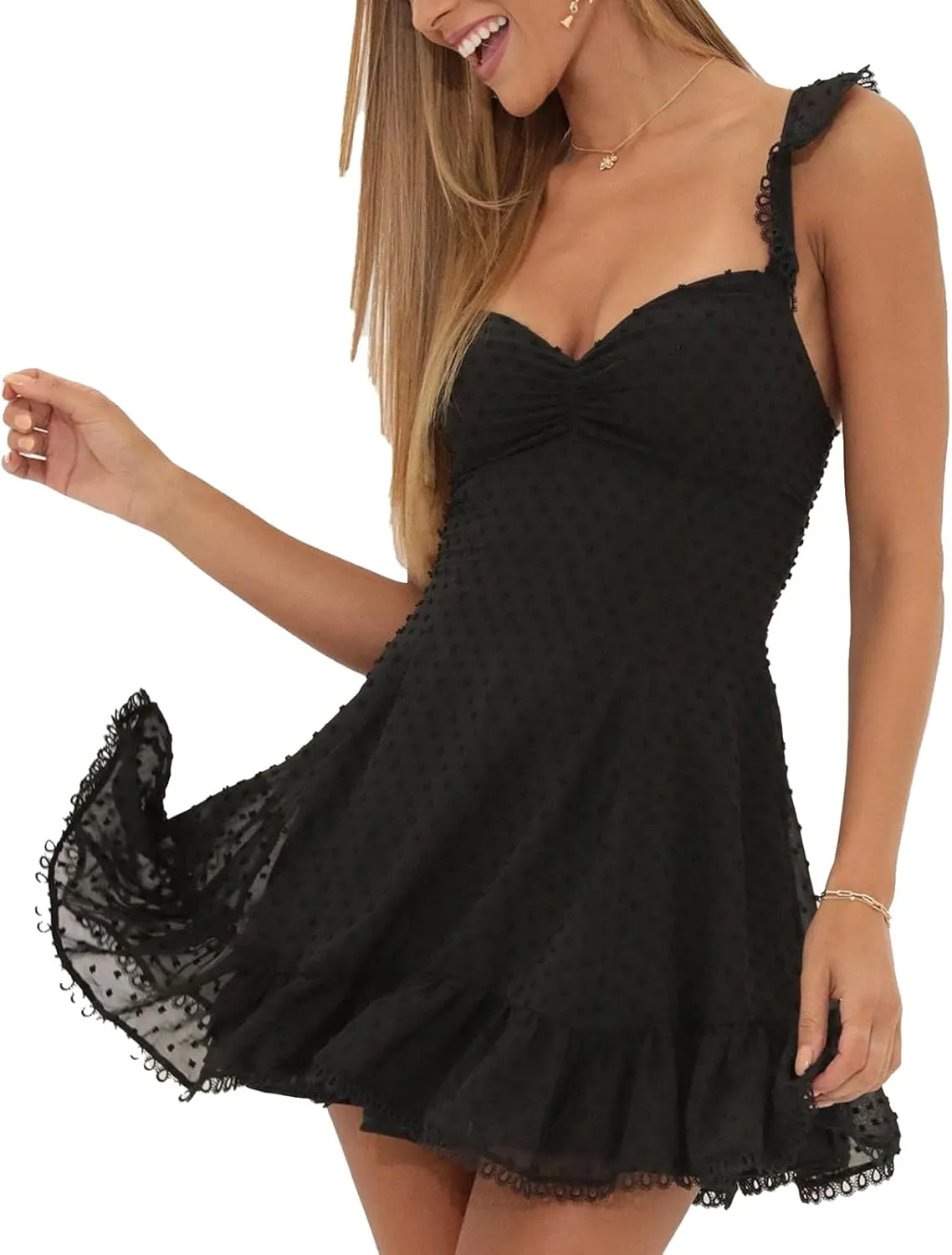 Women Off Shoulder Smocked Mini Dress Sweethear Neck Elastic Straps Ruffle Hem Sundress Ruched Backless Flowy Dress
