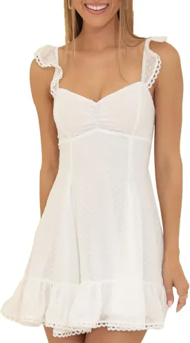 Women Off Shoulder Smocked Mini Dress Sweethear Neck Elastic Straps Ruffle Hem Sundress Ruched Backless Flowy Dress