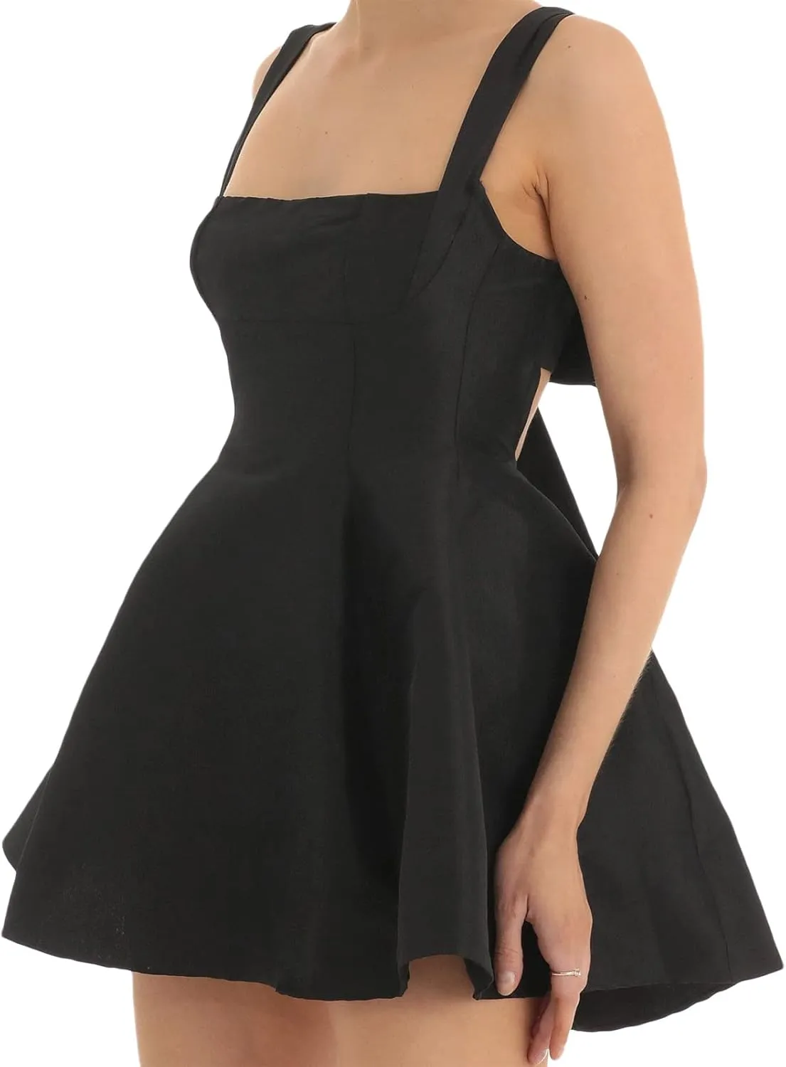 Women Sexy Backless Bow Knot Tie Back Satin Mini Dress Graduation Dress Ruffle Ruched Strap Flowy Short Dress
