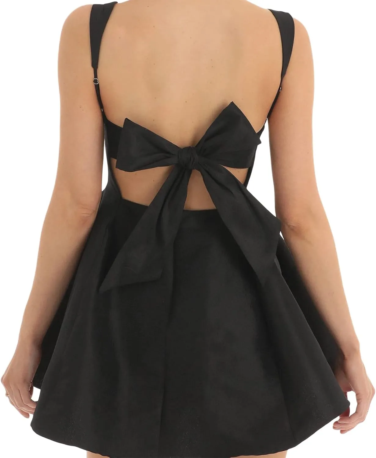 Women Sexy Backless Bow Knot Tie Back Satin Mini Dress Graduation Dress Ruffle Ruched Strap Flowy Short Dress
