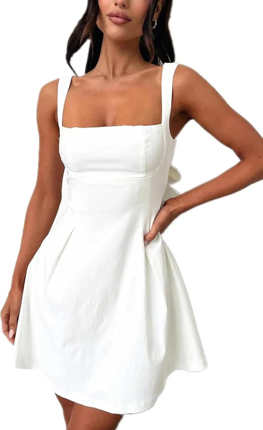 Womens 2025 Mini Sleeveless Dress Backless Bow Tie Square Neck Short Party Dress