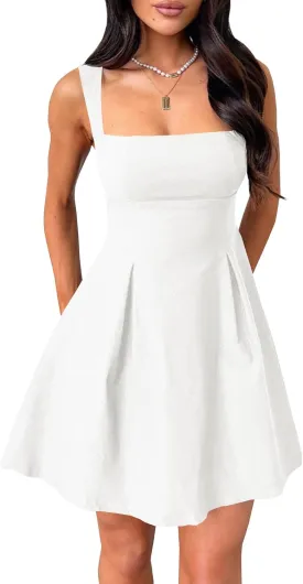 Womens 2025 Mini Sleeveless Dress Backless Bow Tie Square Neck Short Party Dress