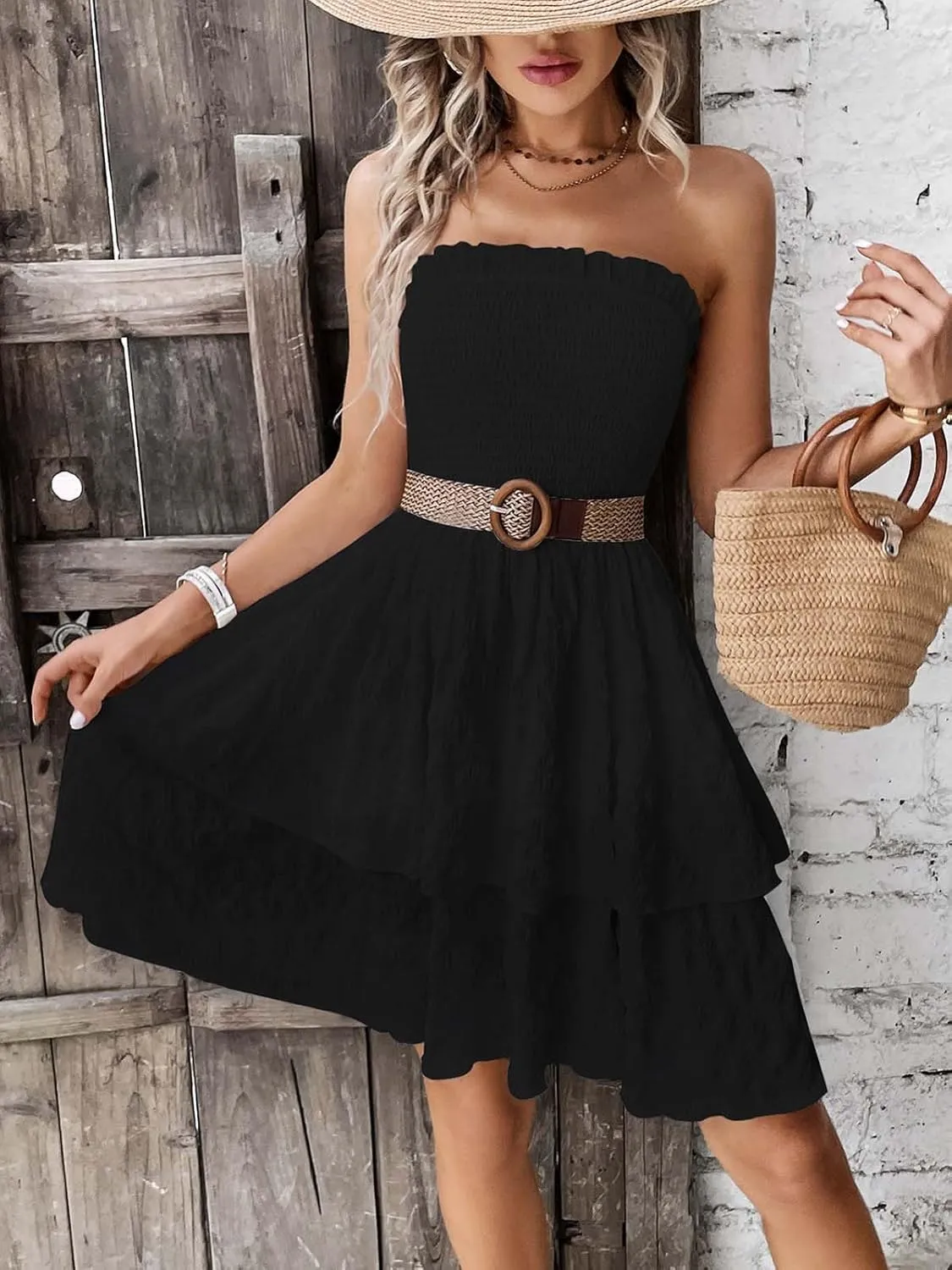 Women's 2025 Summer Strapless Dress Smocked Tube Top Beach Vacation Mini Dresses