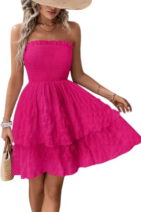 Women's 2025 Summer Strapless Dress Smocked Tube Top Beach Vacation Mini Dresses