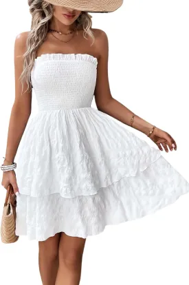 Women's 2025 Summer Strapless Dress Smocked Tube Top Beach Vacation Mini Dresses