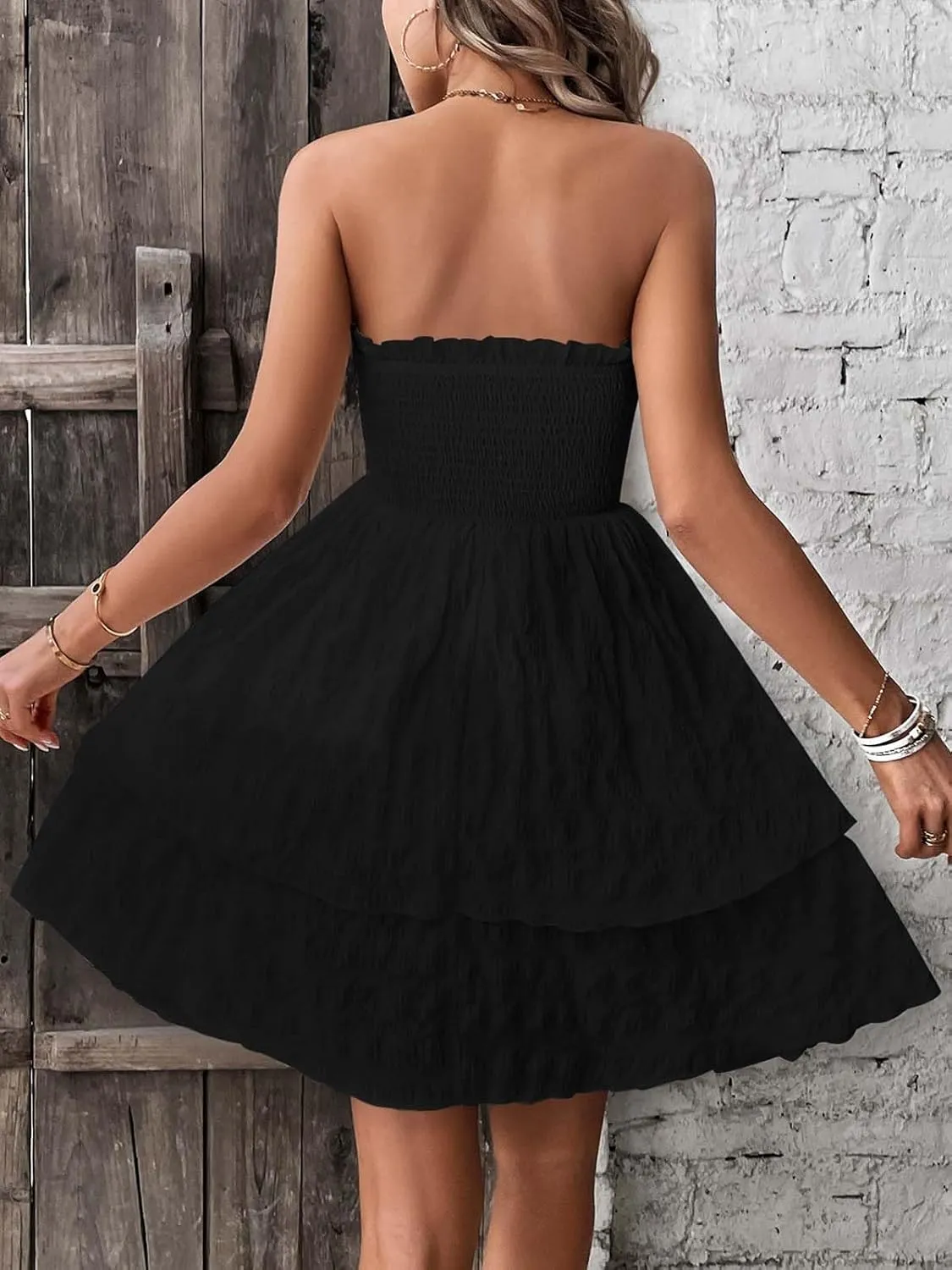Women's 2025 Summer Strapless Dress Smocked Tube Top Beach Vacation Mini Dresses