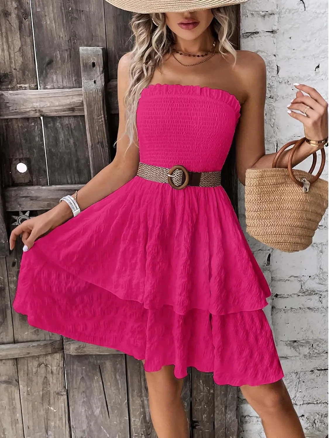 Women's 2025 Summer Strapless Dress Smocked Tube Top Beach Vacation Mini Dresses
