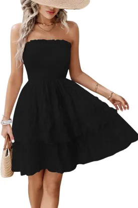 Women's 2025 Summer Strapless Dress Smocked Tube Top Beach Vacation Mini Dresses