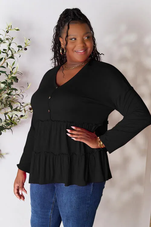 Women's Double Take Half Button Long Sleeve Ruffle Hem Blouse