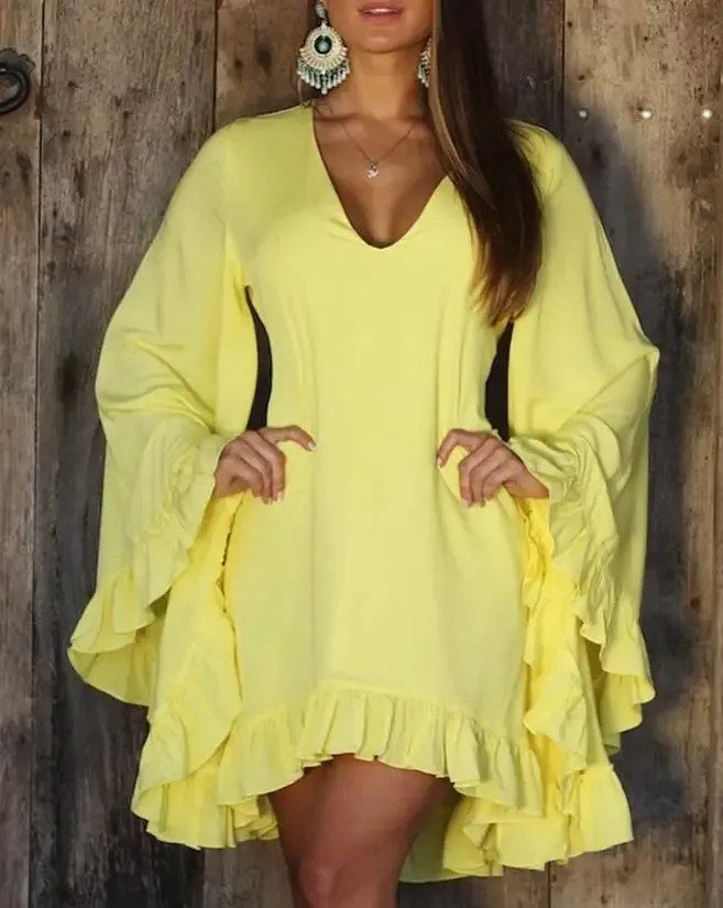 Women's Dress 2023 Spring/Summer Beach Vacation Fashion Sweet Solid Color Ruffle Hem Bell Sleeve V Neck Long Sleeve Dress