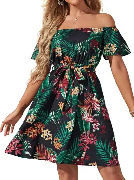 Womens Off Shoulder Ruffle Floral Summer Wedding Guest Dresses A Line Shift Short Skater Dress with Belt