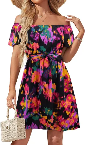 Womens Off Shoulder Ruffle Floral Summer Wedding Guest Dresses A Line Shift Short Skater Dress with Belt