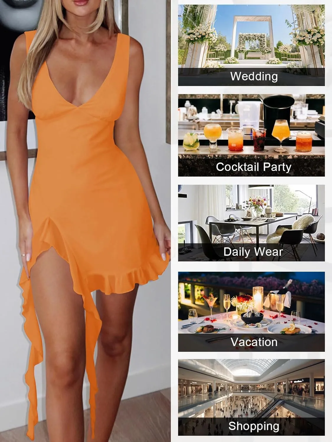 Womens Sexy Deep V Neck Mini Dress for Women Y2K Side Slit Going Out Cocktail Wedding Party Ruffle Short Dresses