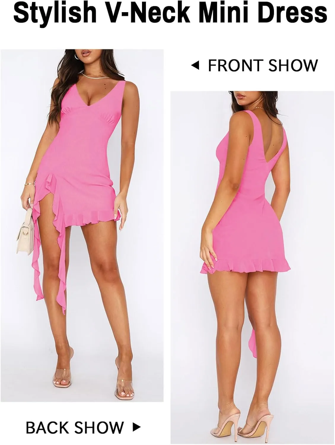 Womens Sexy Deep V Neck Mini Dress for Women Y2K Side Slit Going Out Cocktail Wedding Party Ruffle Short Dresses