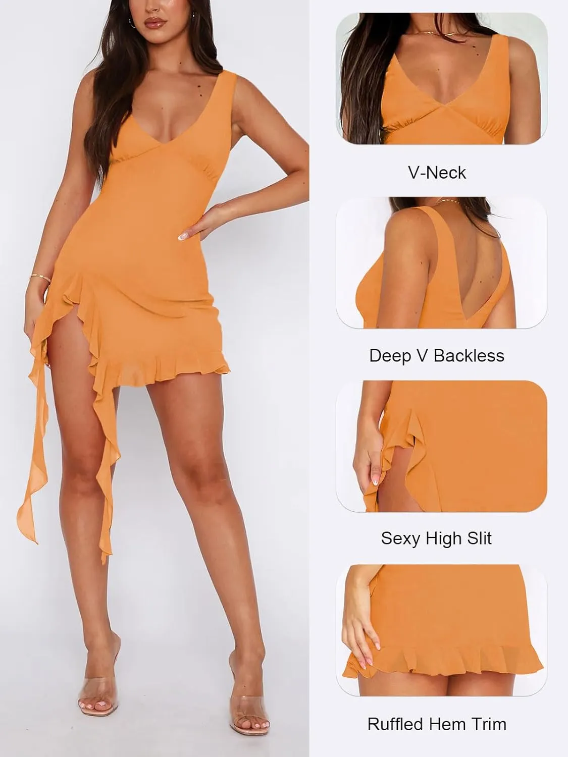 Womens Sexy Deep V Neck Mini Dress for Women Y2K Side Slit Going Out Cocktail Wedding Party Ruffle Short Dresses