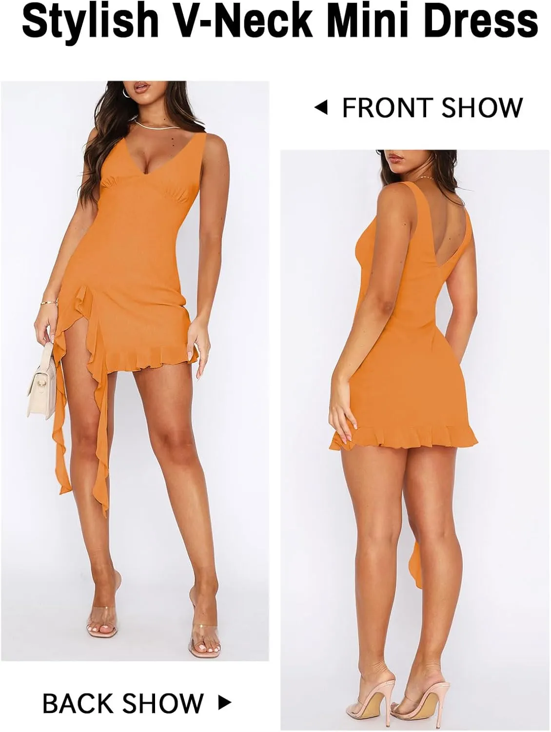 Womens Sexy Deep V Neck Mini Dress for Women Y2K Side Slit Going Out Cocktail Wedding Party Ruffle Short Dresses