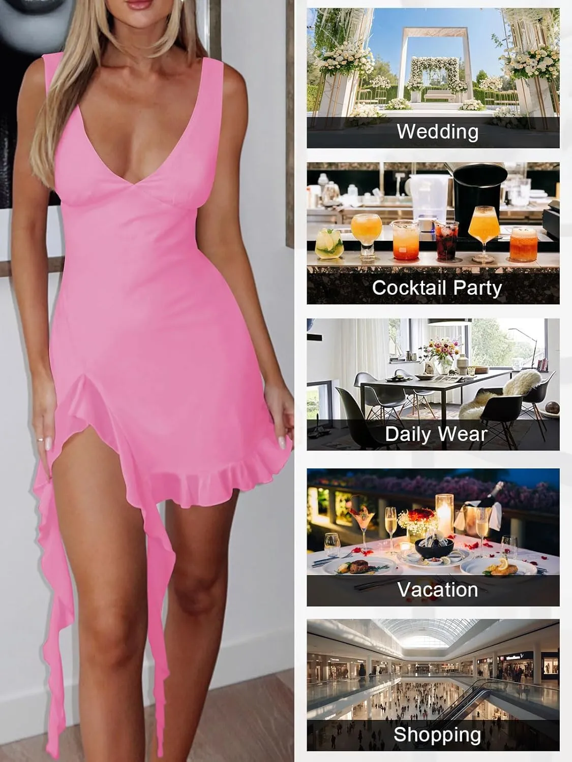 Womens Sexy Deep V Neck Mini Dress for Women Y2K Side Slit Going Out Cocktail Wedding Party Ruffle Short Dresses