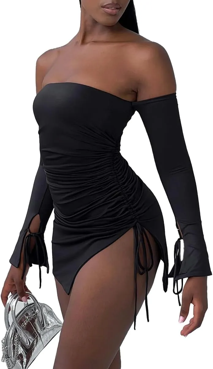 Women's Sexy Summer Drawstring Long Sleeve Off Shoulder Backless Side Slit Bodycon Ruched Mini Dress