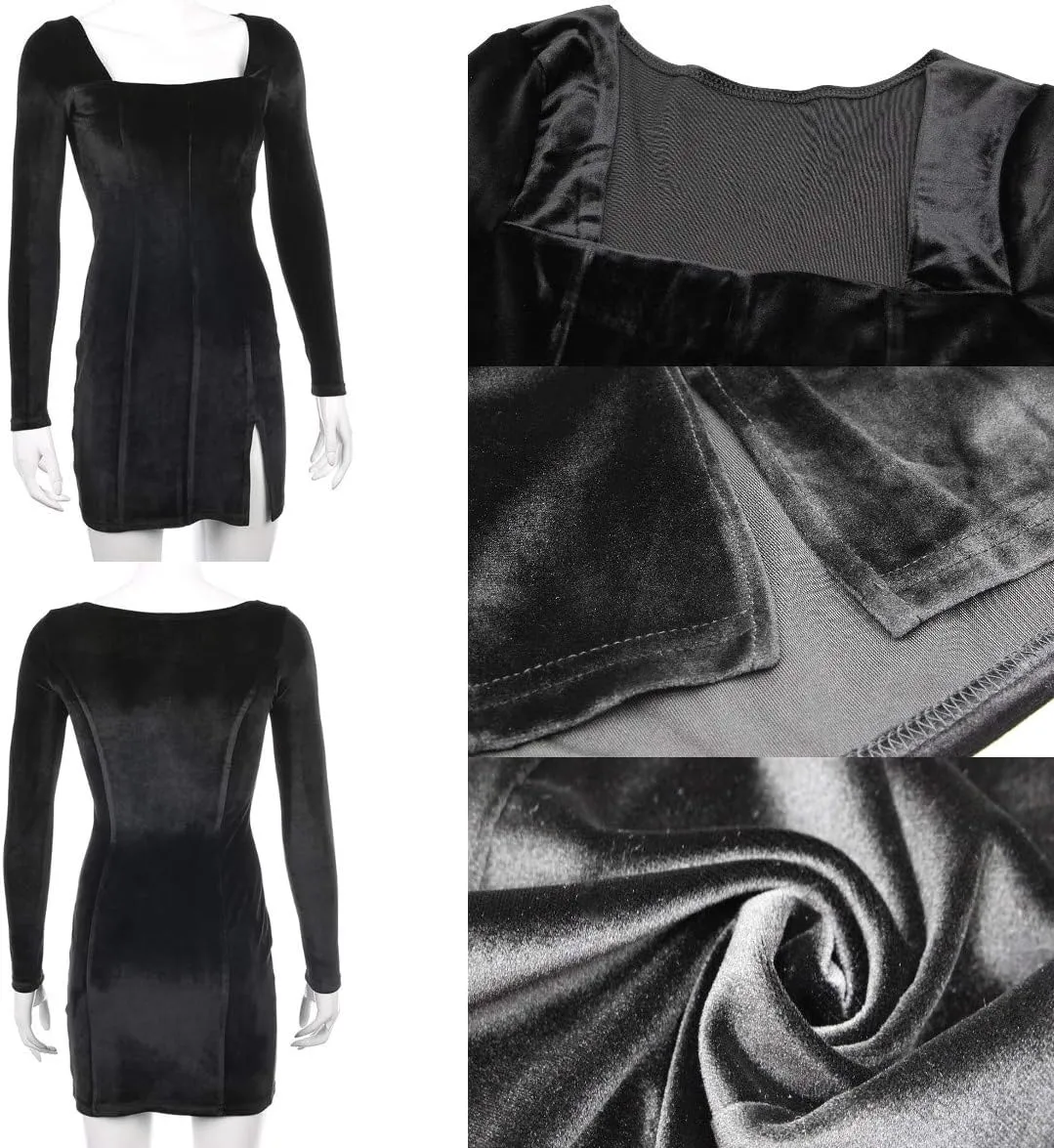 Womens Sexy Velvet Bodycon Dress Gothic Square Neck Long Sleeve Mini Party Dress Rave Festival Clubwear