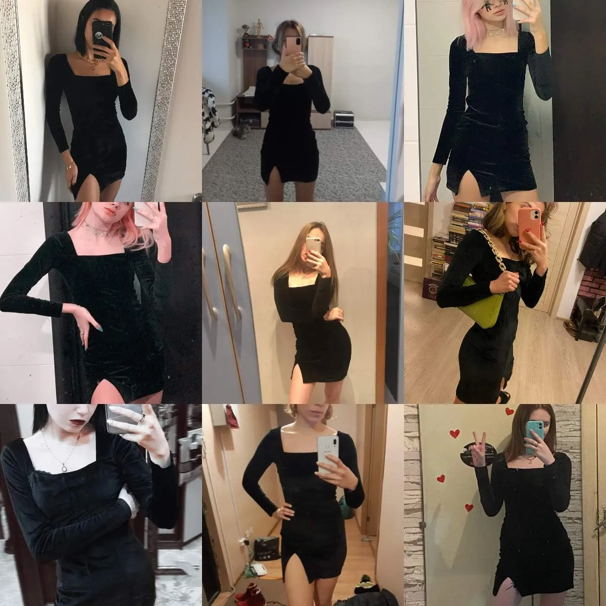 Womens Sexy Velvet Bodycon Dress Gothic Square Neck Long Sleeve Mini Party Dress Rave Festival Clubwear