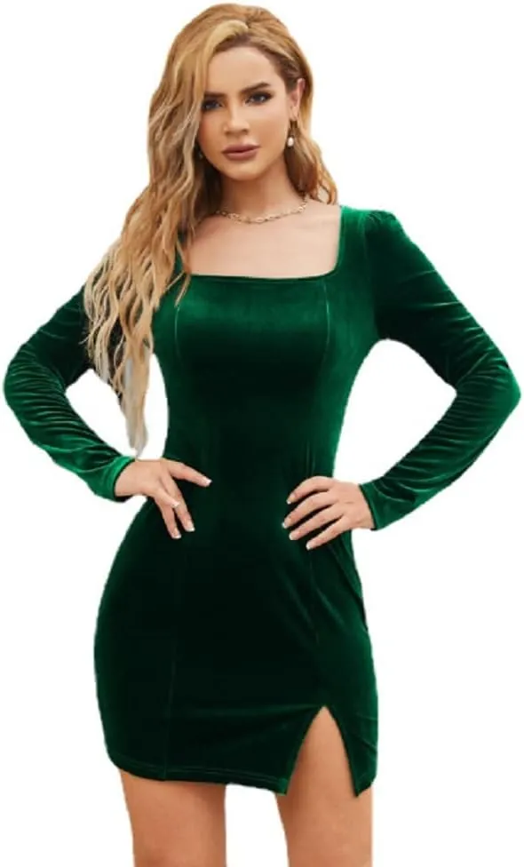 Womens Sexy Velvet Bodycon Dress Gothic Square Neck Long Sleeve Mini Party Dress Rave Festival Clubwear
