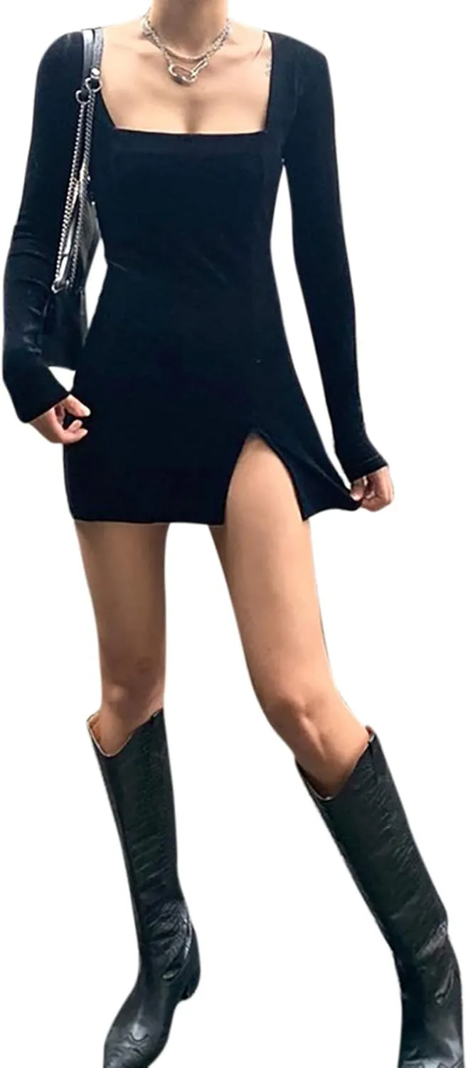 Womens Sexy Velvet Bodycon Dress Gothic Square Neck Long Sleeve Mini Party Dress Rave Festival Clubwear