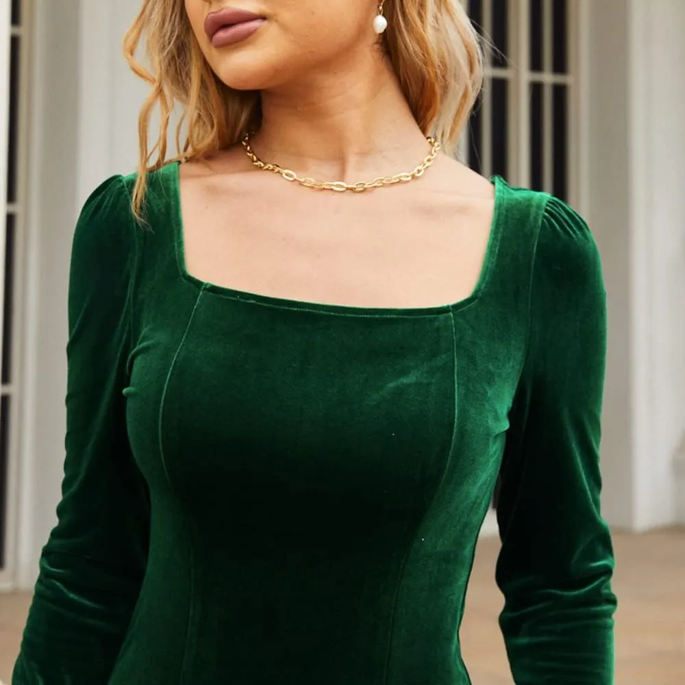 Womens Sexy Velvet Bodycon Dress Gothic Square Neck Long Sleeve Mini Party Dress Rave Festival Clubwear