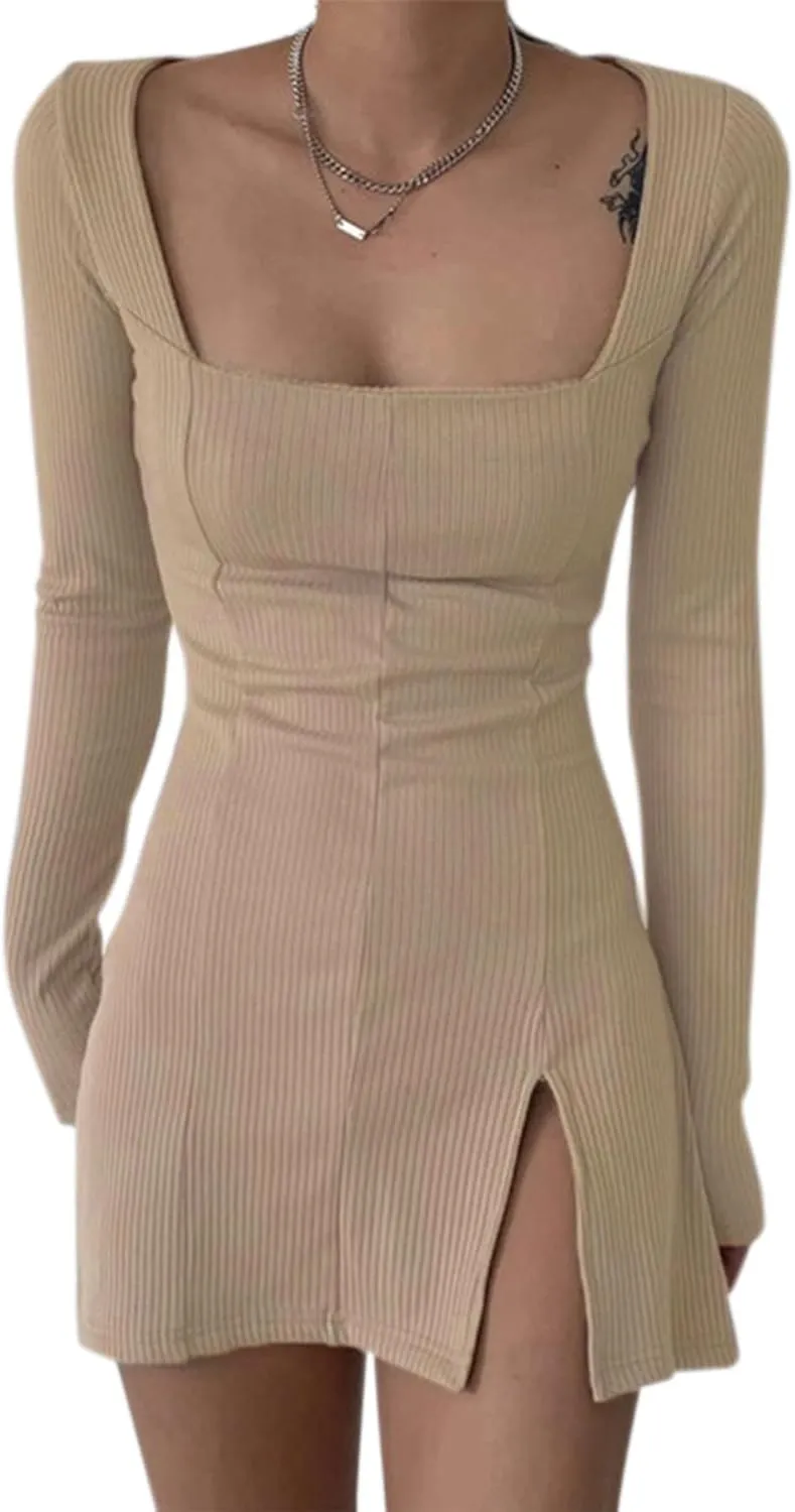 Womens Sexy Velvet Bodycon Dress Gothic Square Neck Long Sleeve Mini Party Dress Rave Festival Clubwear