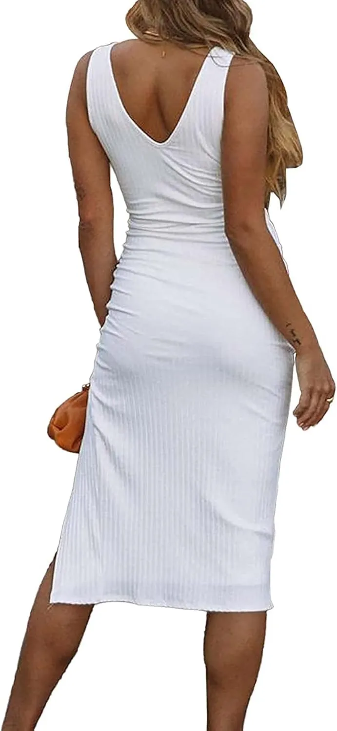 Womens Sleeveless V Neck Bodycon Dress Midi Party Dress Side Slit Ribbed Knit Pencil Dresses