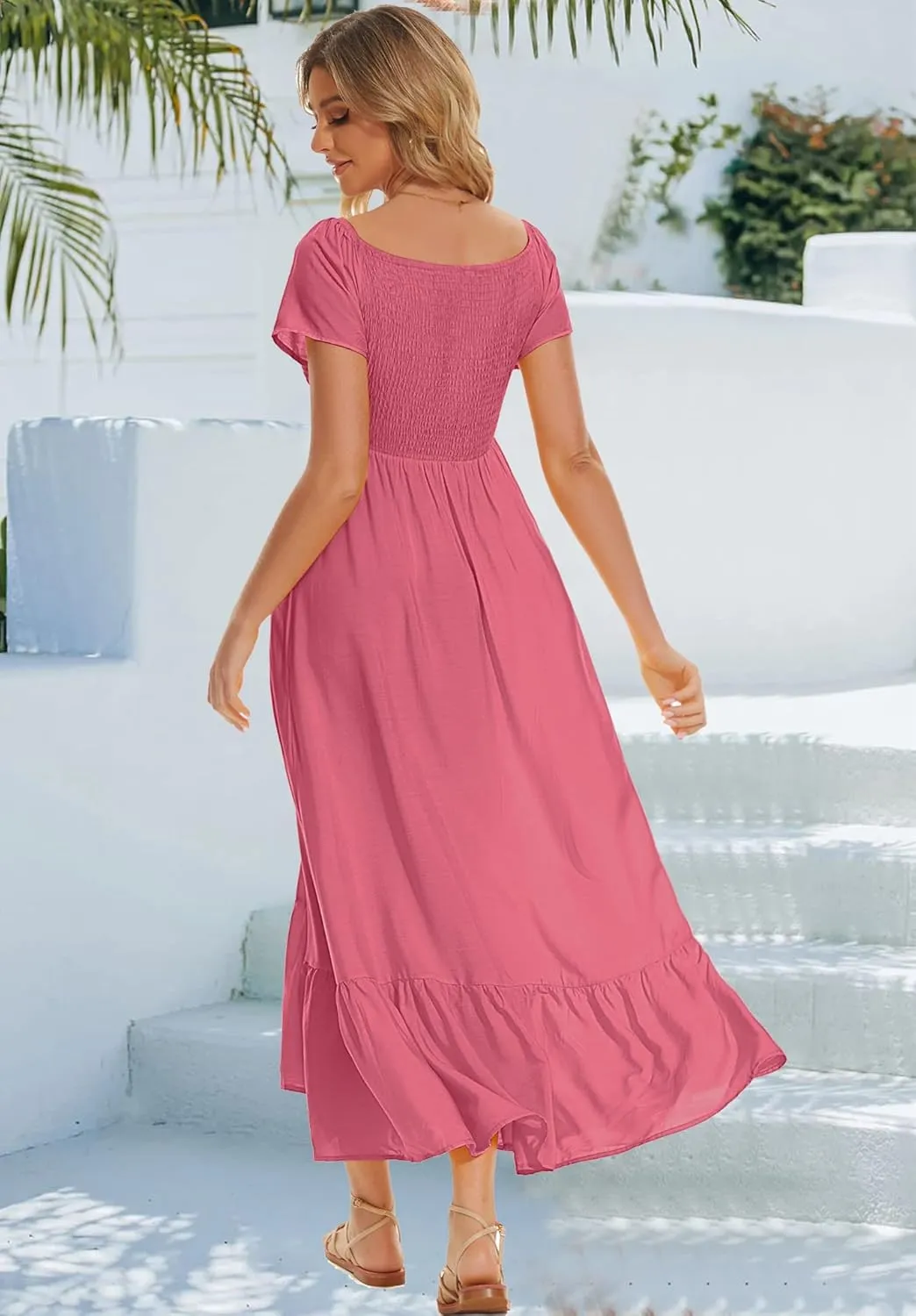 Women's Summer Floral Maxi Dress Casual Short Sleeve Flowy Boho Beach Party Long Dress