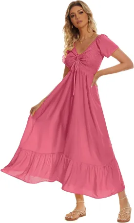 Women's Summer Floral Maxi Dress Casual Short Sleeve Flowy Boho Beach Party Long Dress