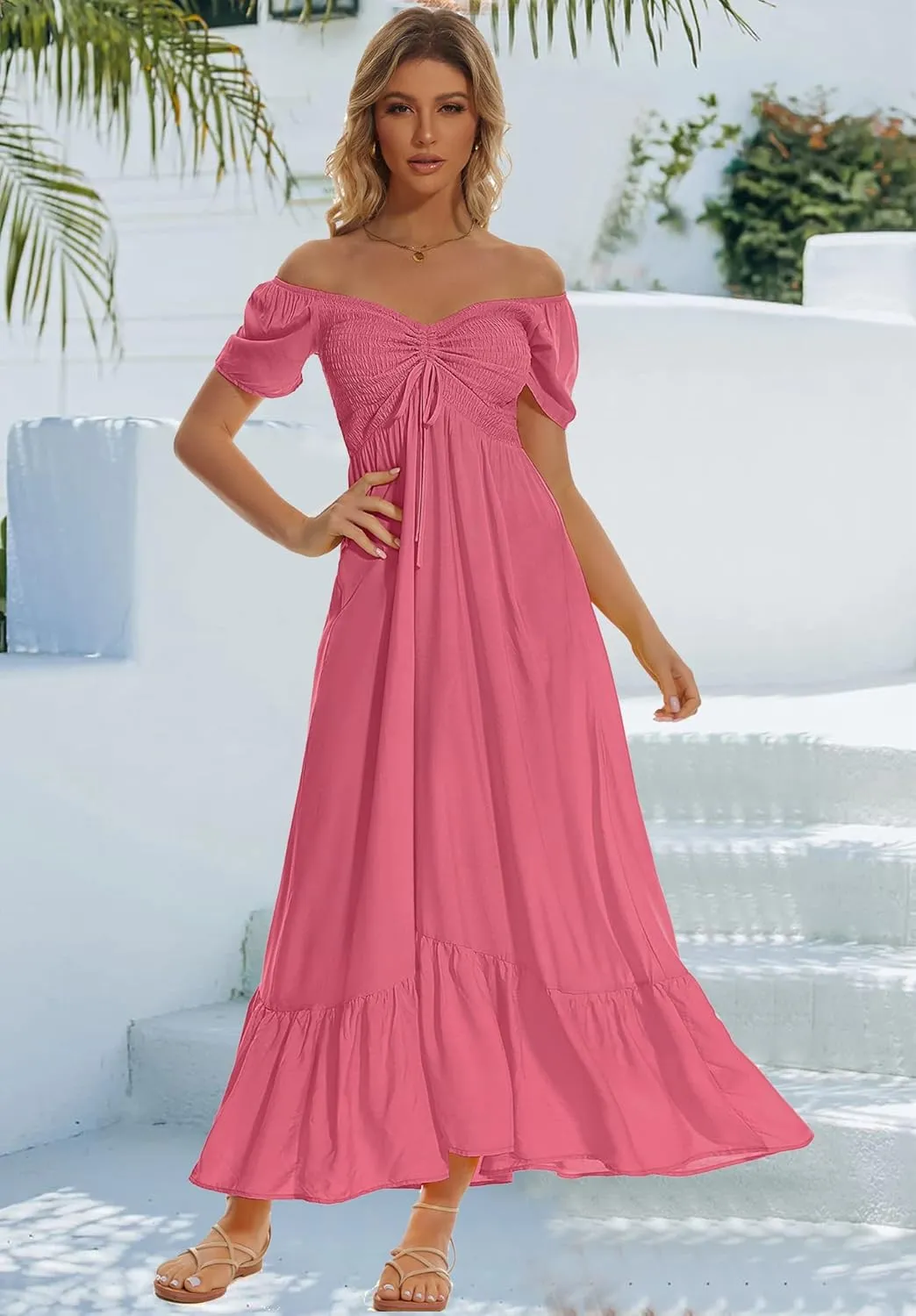 Women's Summer Floral Maxi Dress Casual Short Sleeve Flowy Boho Beach Party Long Dress