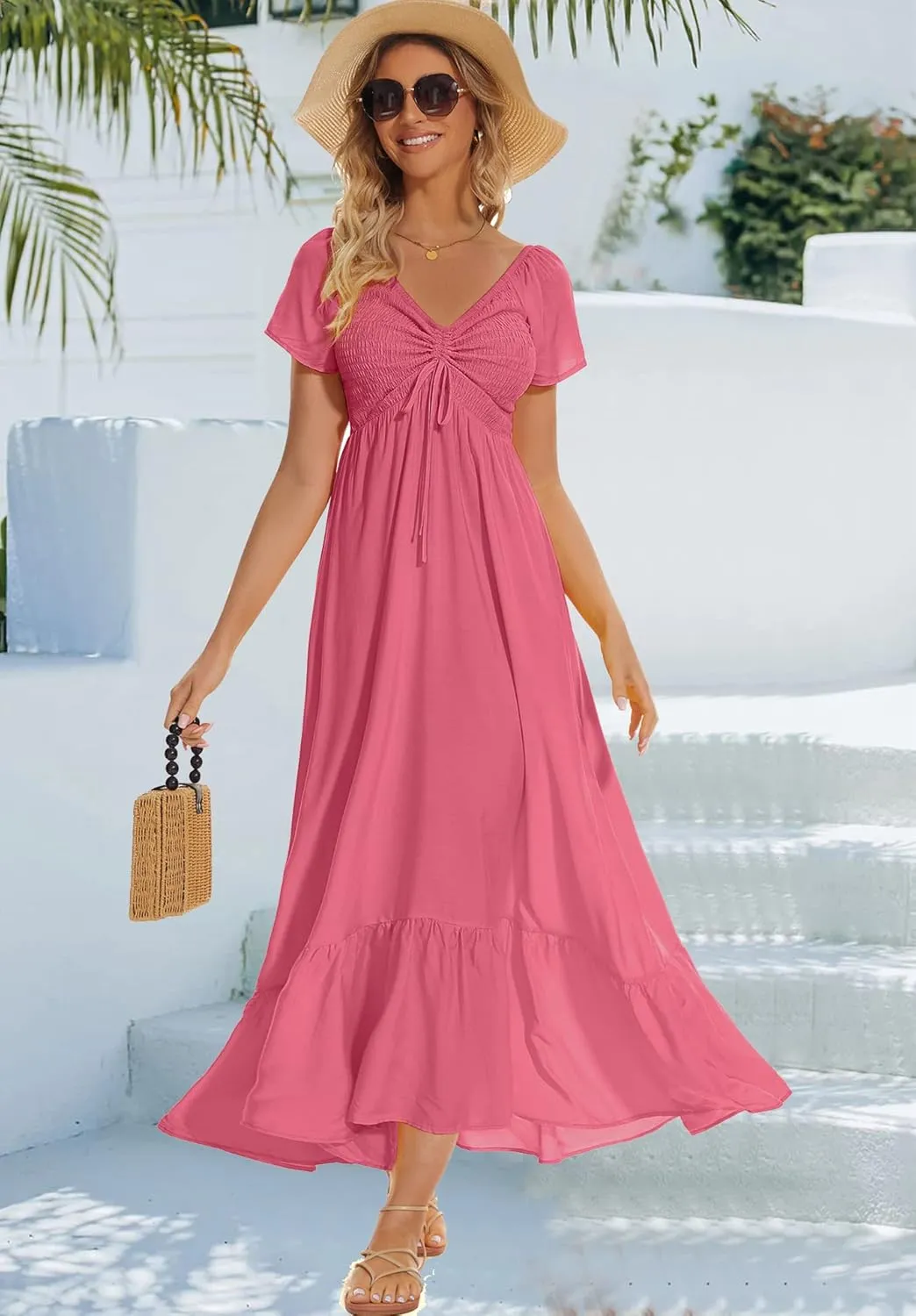 Women's Summer Floral Maxi Dress Casual Short Sleeve Flowy Boho Beach Party Long Dress