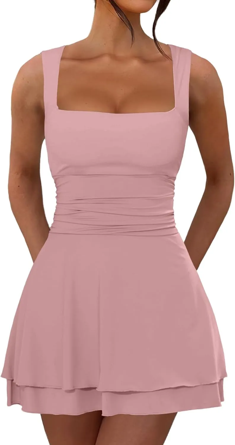 Women's Summer Ruffle Hem Square Neck Mini Dress Ruched Waist Short Party Dresses