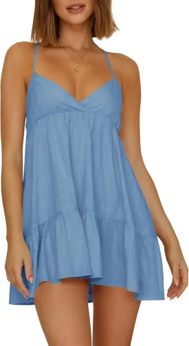 Womens V Neck Crisscross Backless Dresses Tie Back Sleeveless Ruffle Hem Flowy Swing A-Line Vintage Summer Mini Dress