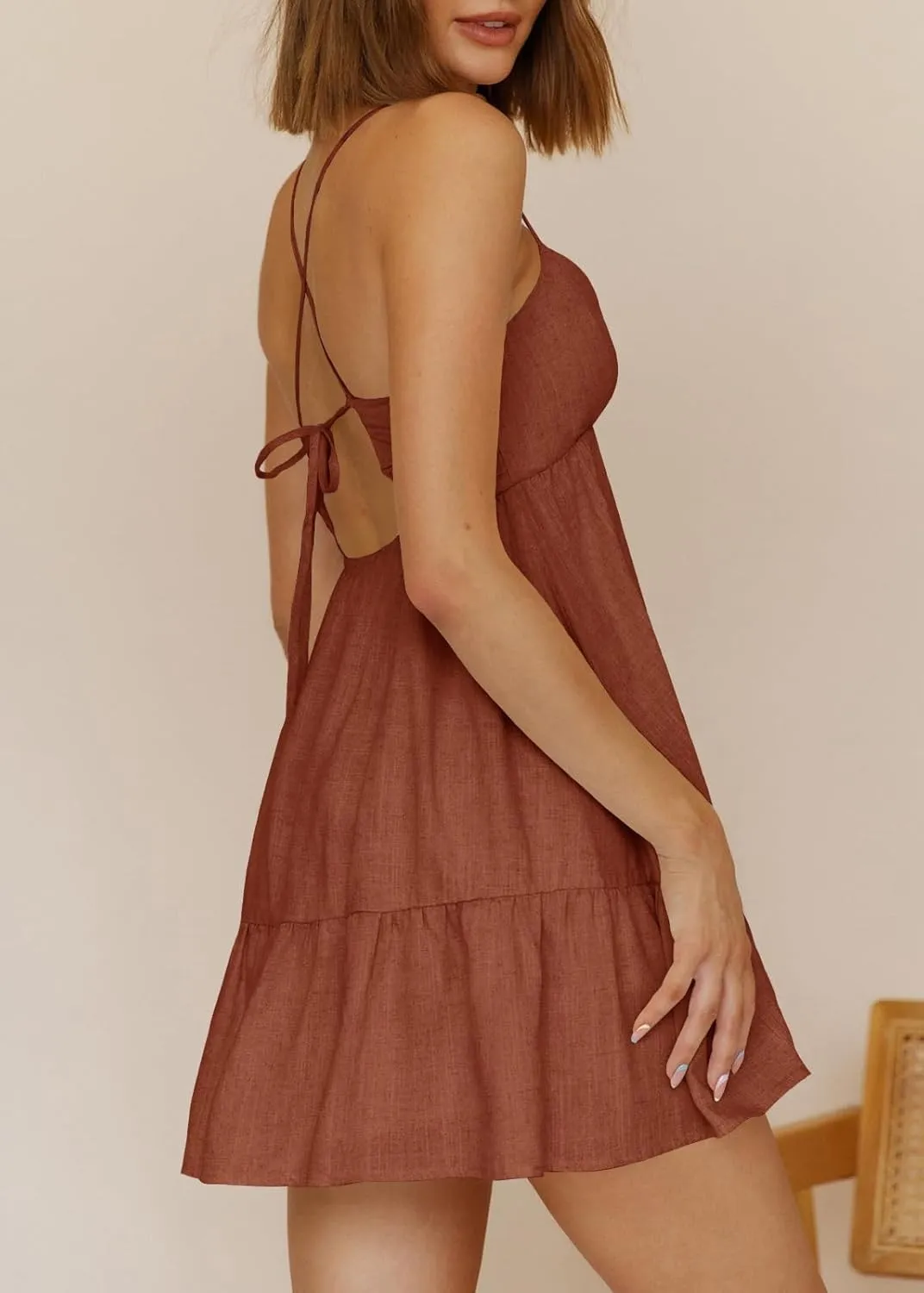 Womens V Neck Crisscross Backless Dresses Tie Back Sleeveless Ruffle Hem Flowy Swing A-Line Vintage Summer Mini Dress