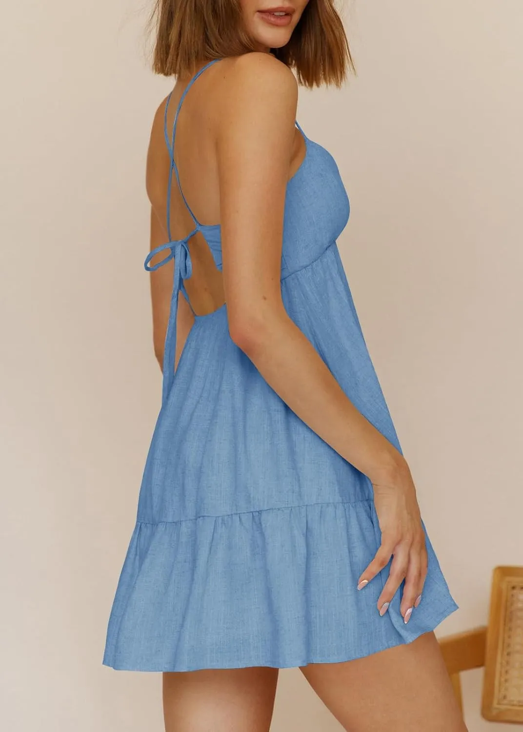 Womens V Neck Crisscross Backless Dresses Tie Back Sleeveless Ruffle Hem Flowy Swing A-Line Vintage Summer Mini Dress