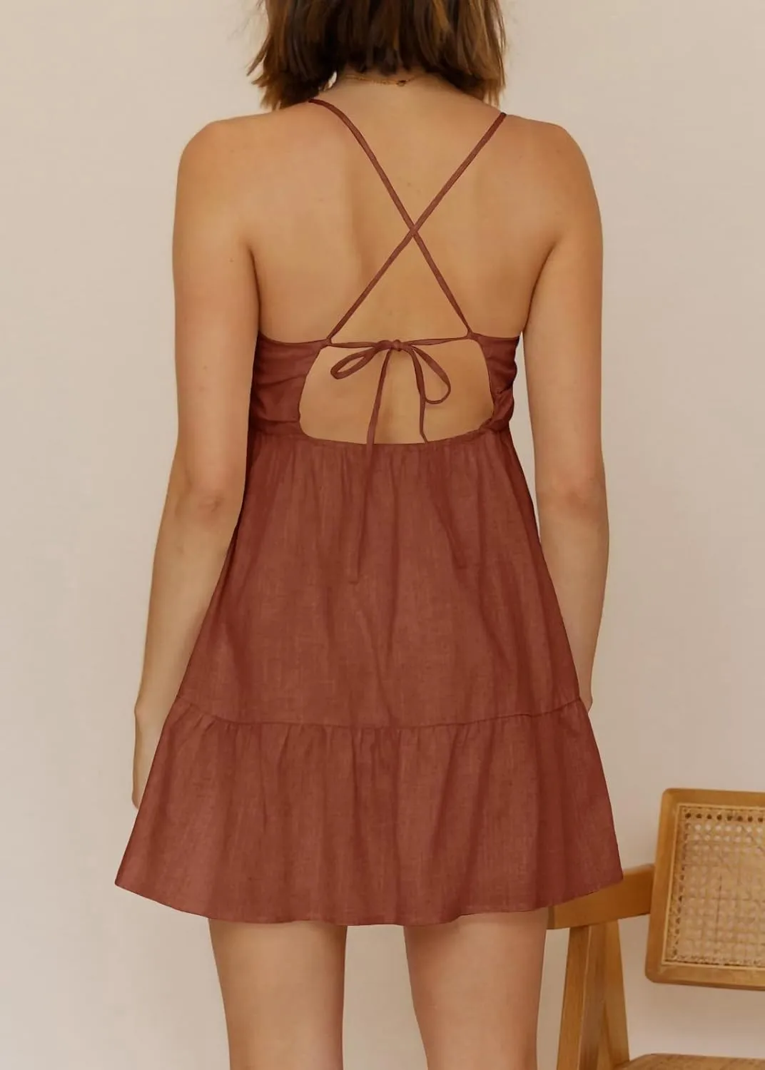 Womens V Neck Crisscross Backless Dresses Tie Back Sleeveless Ruffle Hem Flowy Swing A-Line Vintage Summer Mini Dress