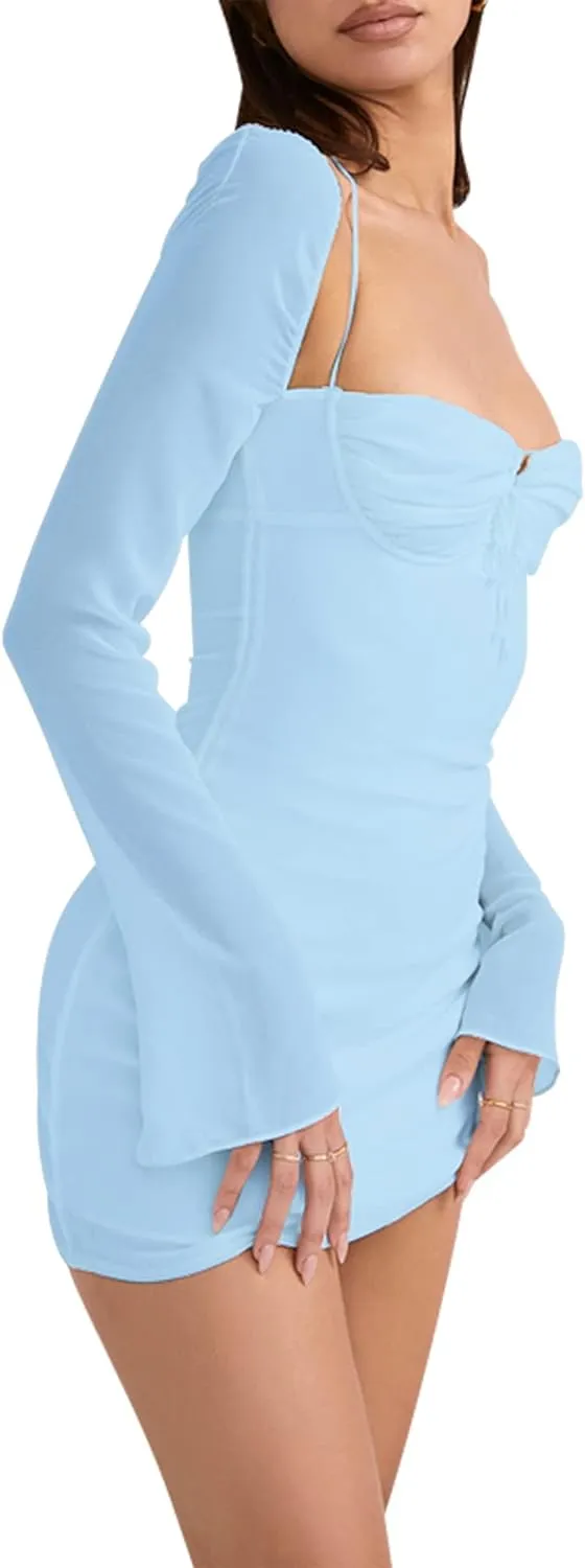 Zebaexf Women's Mesh Dress Long Puff Sleeve Mini Bodycon Sweet Neck Party Mini Dresses for Women