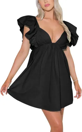 Zebaexf Womens Spring Summer V Neck Knot Back Causal Strap Short Flowy Swing Mini Dress