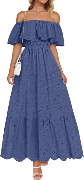 ZESICA Women's 2025 Summer Off Shoulder Ruffle Midi Dress Short Sleeve High Waist Hollow Out Embroidery Party Dresses